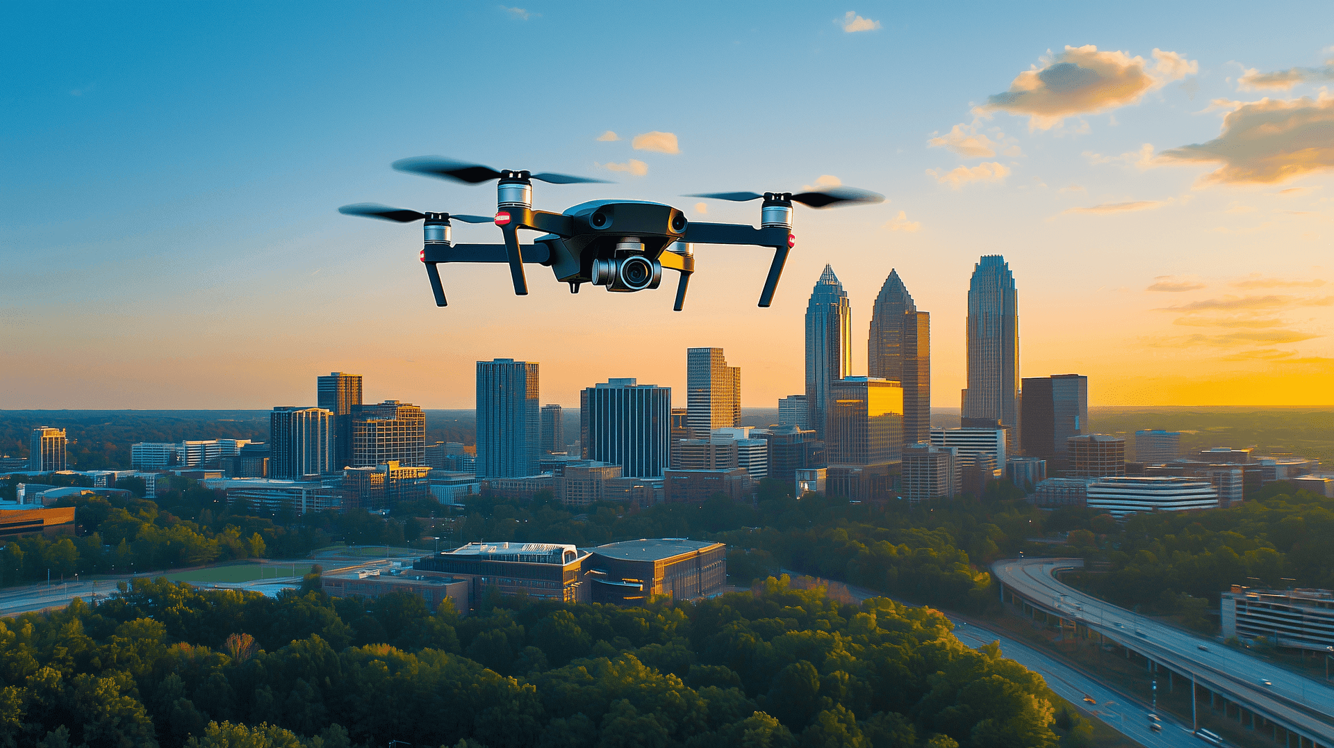 Drone flying over a city skyline during sunset, capturing buildings and roads surrounded by trees.