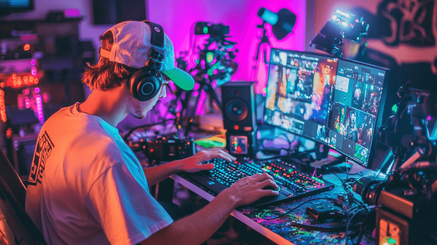 Person wearing headphones at a computer setup with multiple screens, colorful lighting, and various streaming equipment.