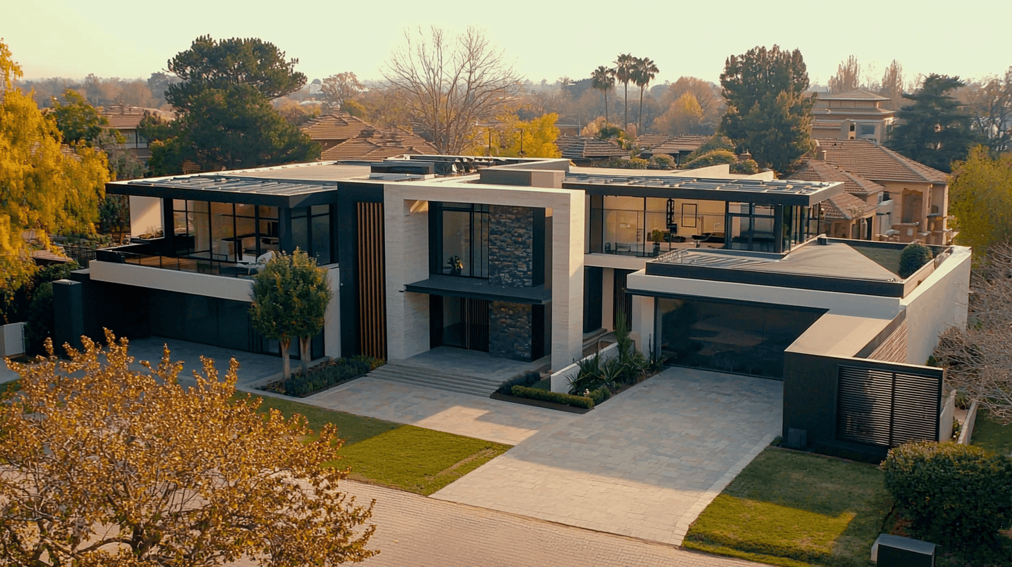 Modern two-story house with large windows and a minimalist design, surrounded by trees and neighboring homes.