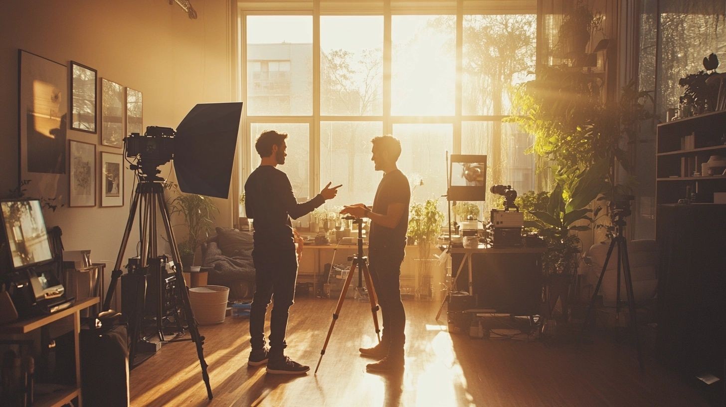 Two people in a sunlit studio setting up filming equipment and engaging in a discussion.